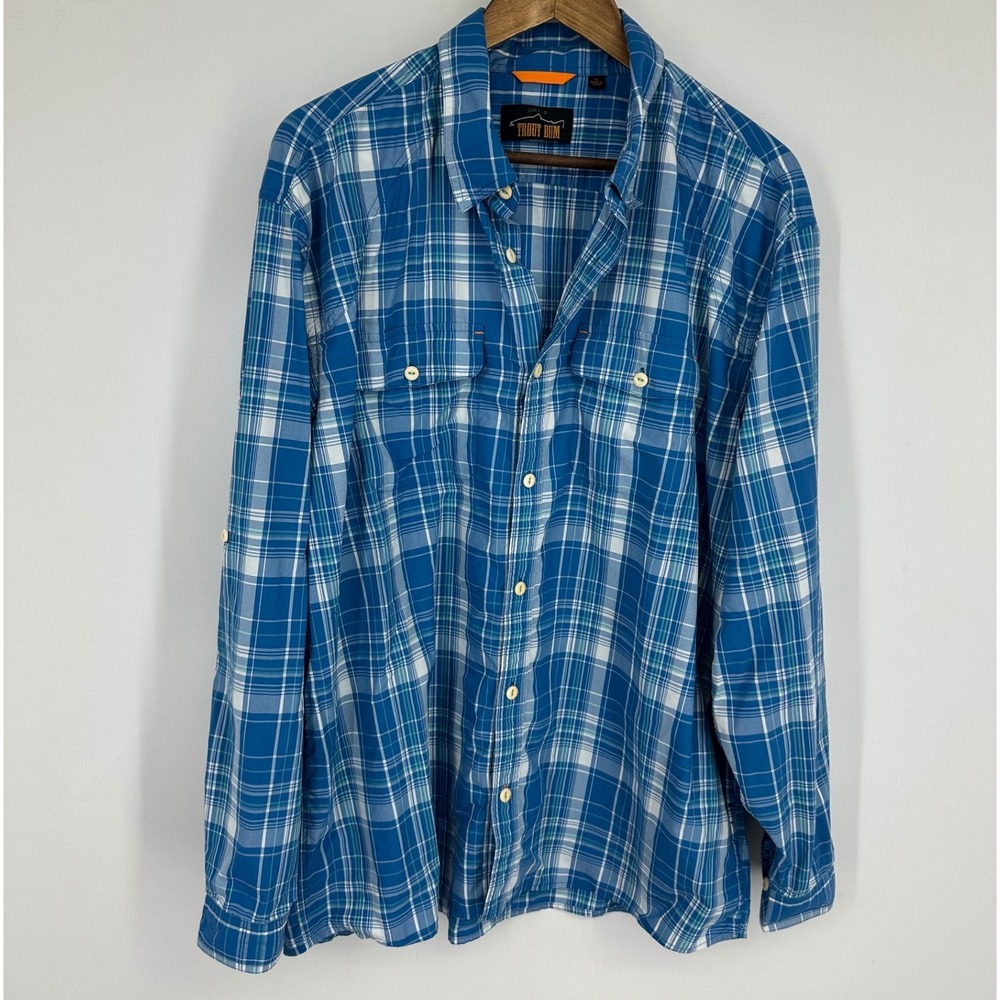 Orvis Trout Bum Mens Blue Plaid Roll Tab Long Sleeve Fishing Shirt Size XL